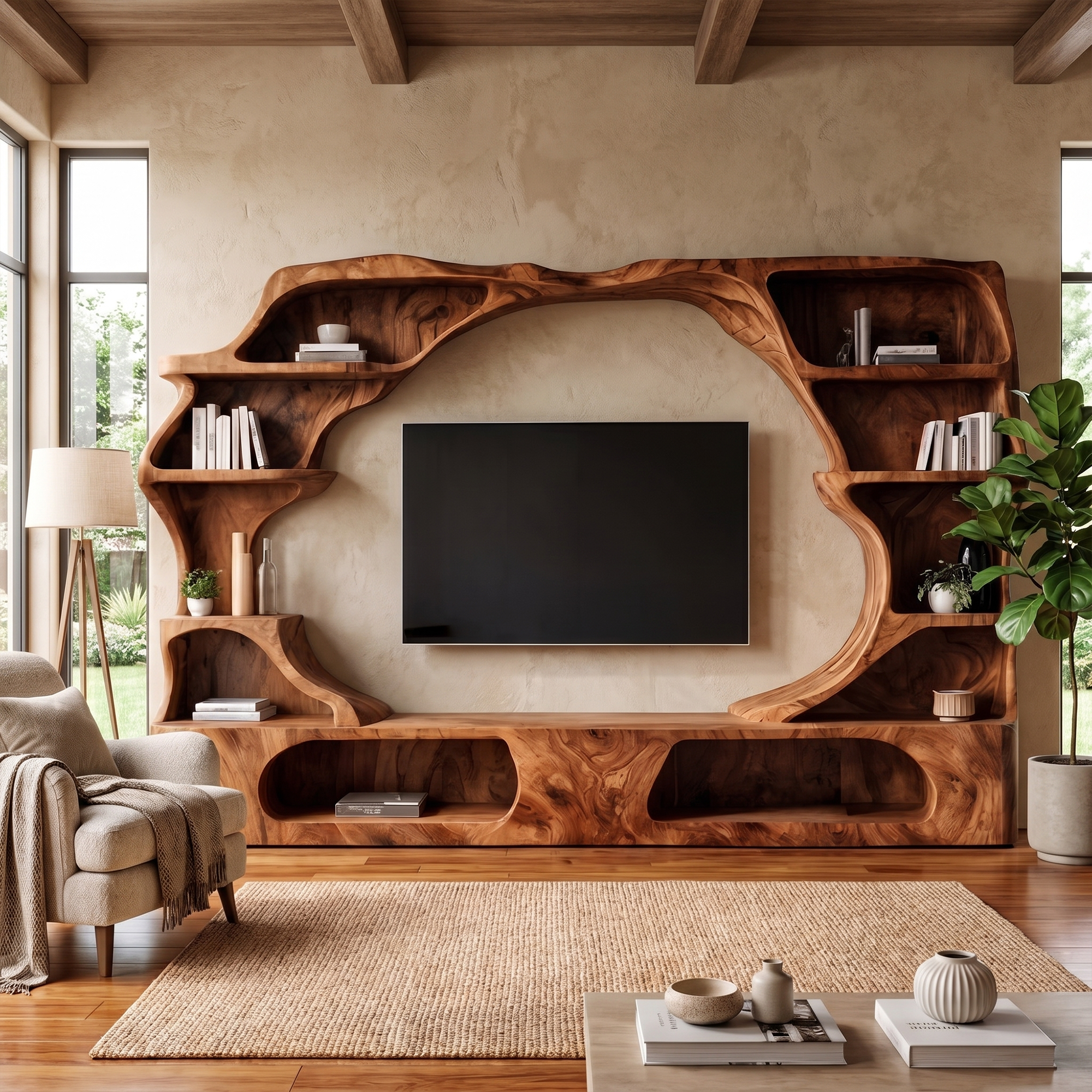 Nature Inspired Entertainment Center With Organic Display Shelves For Living Room