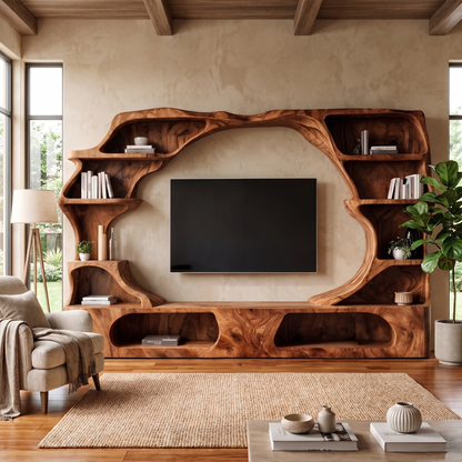 Nature Inspired Entertainment Center With Organic Display Shelves For Living Room
