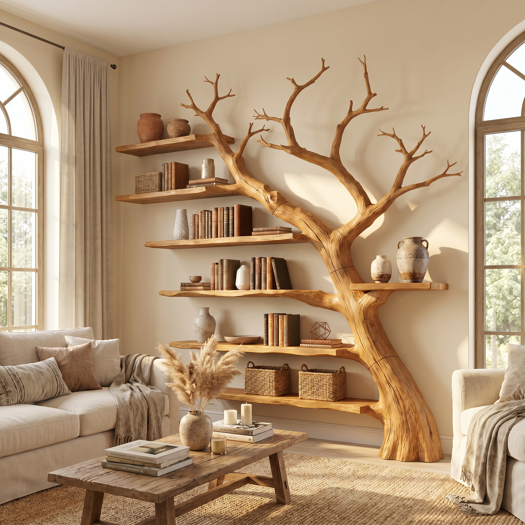 Rustic Branch Bookshelf Home Office Artistic Wall Decor