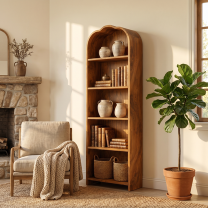 Rustic Arched Bookshelf With Solid Wood Frame And Open Display Shelves For Living Room