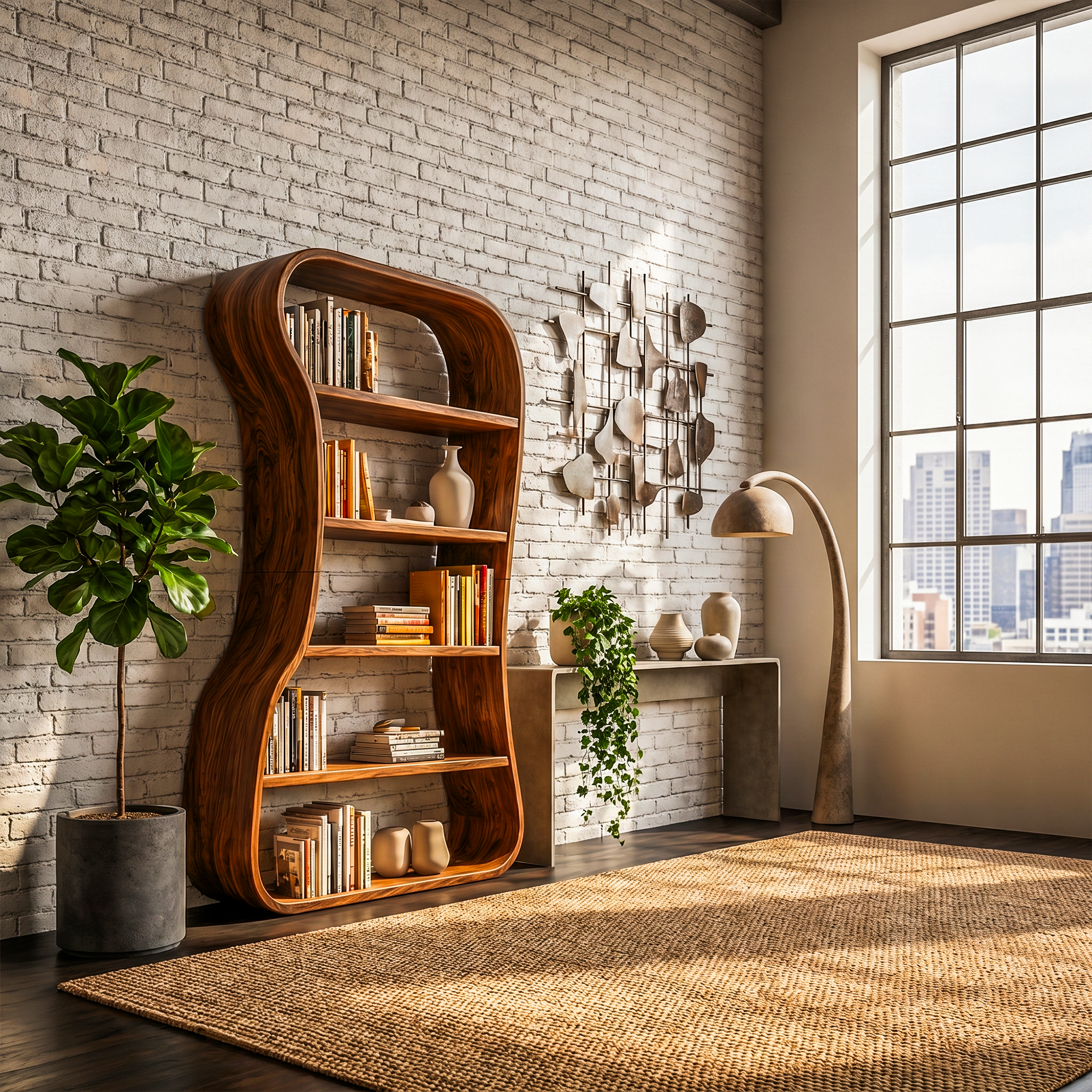 Organic Bookshelf With Sculptural Curved Solid Wood Shelves For Living Room