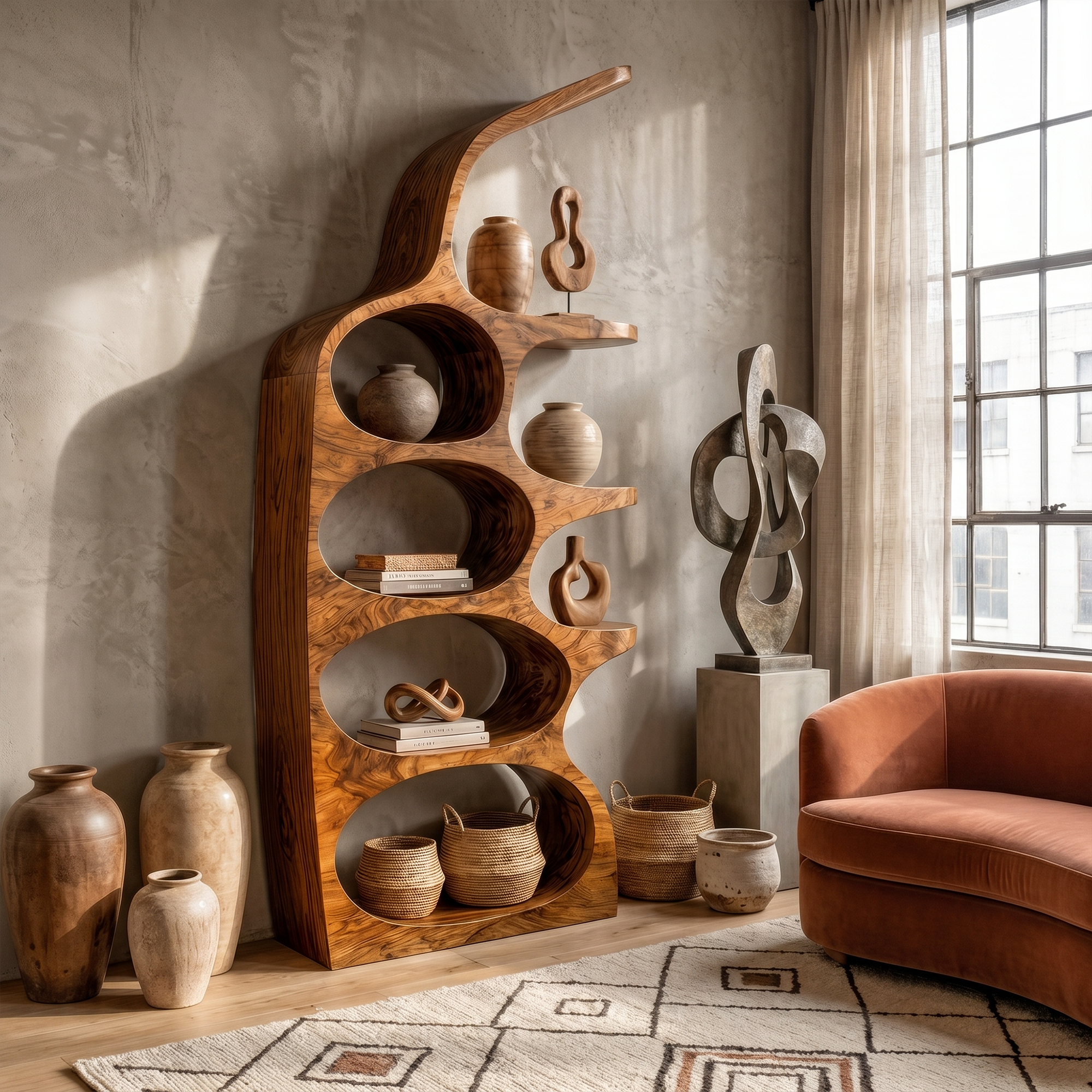 Modern Sculptural Bookshelf With Curved Open Shelves And Solid Wood Design For Living Room