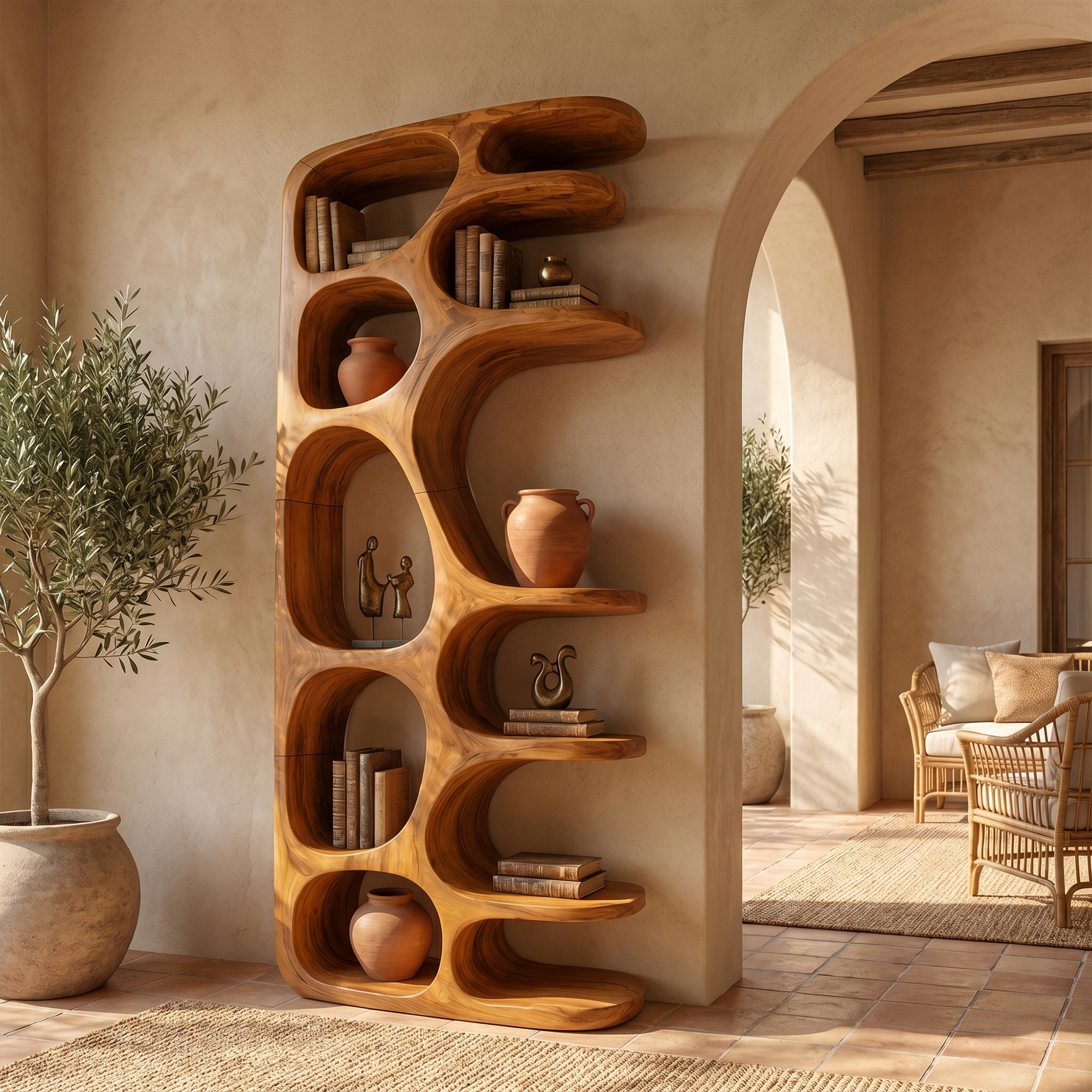 Minimalist Sculptural Bookshelf With Solid Wood Construction For Living Room