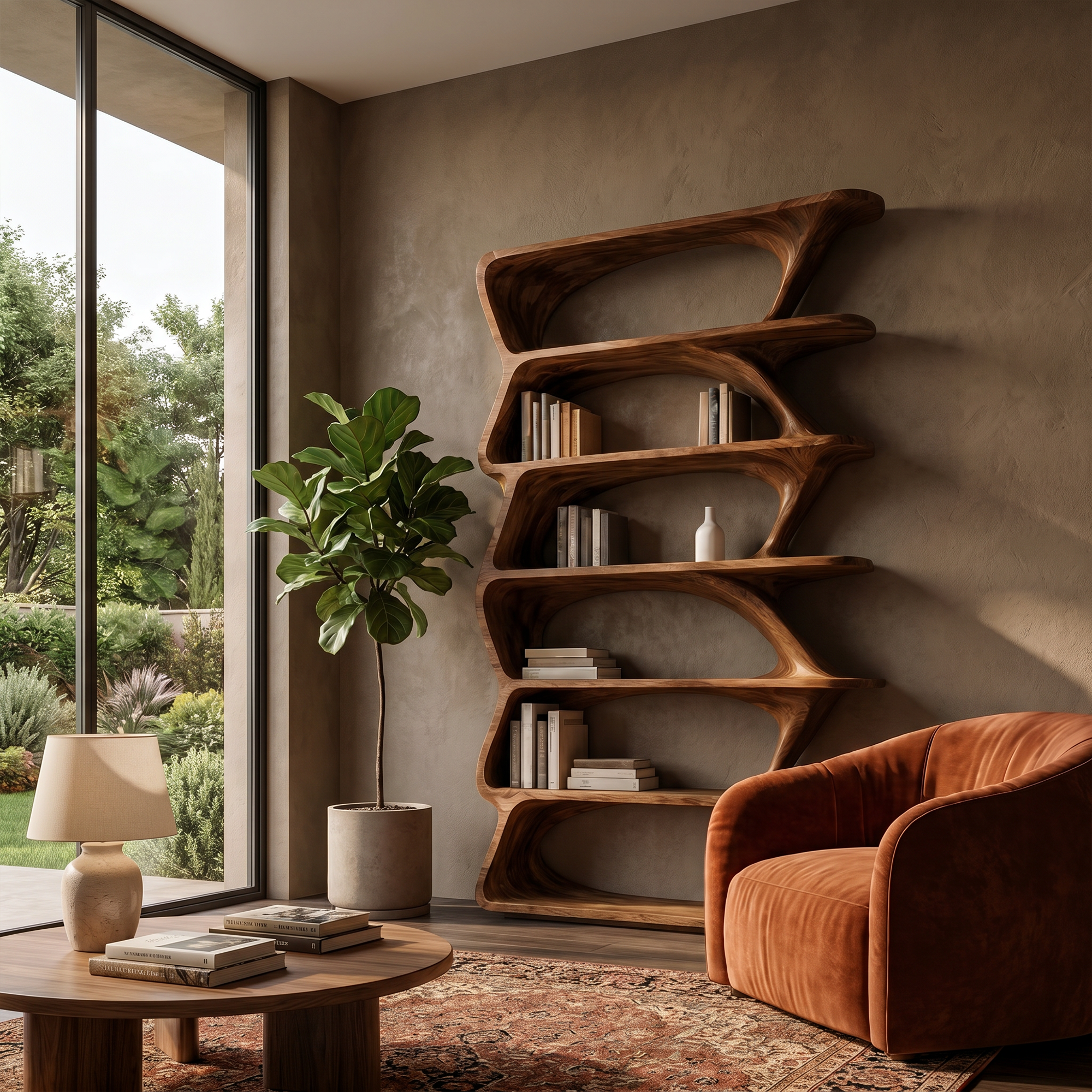 Modern Organic Bookshelf With Sculptural Asymmetrical Shelves And Solid Wood Frame For Living Room
