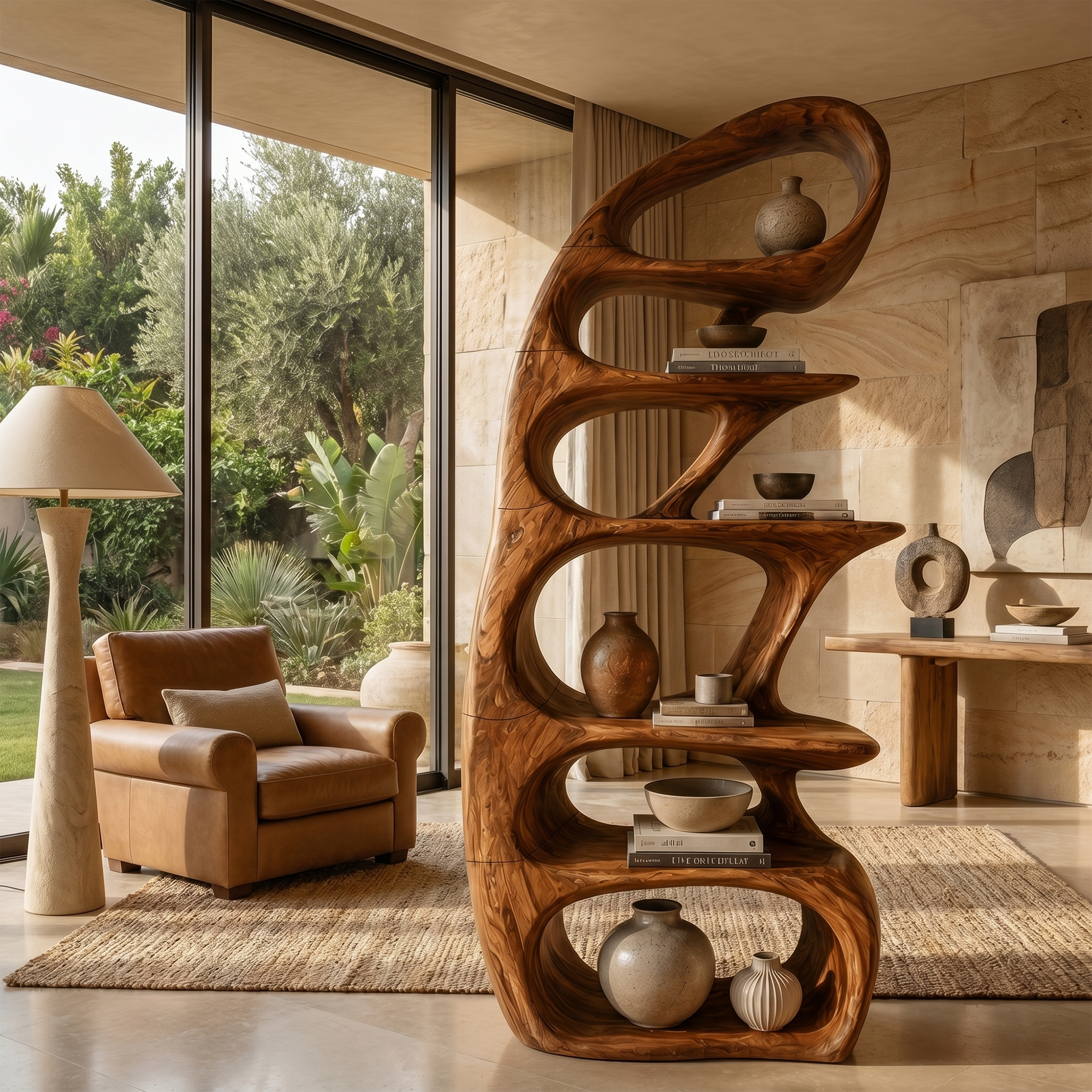 Sculptural Bookshelf With Tree Inspired Curved Shelves And Solid Wood Frame For Living Room