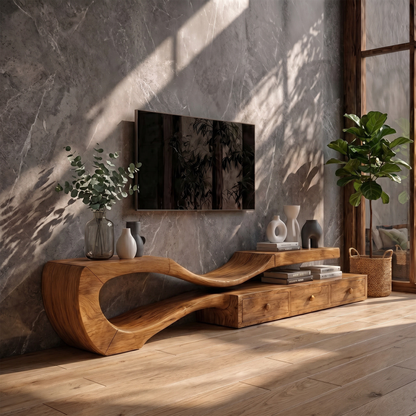 Modern TV Cabinet With Sculptural Curved Wood Base And Built In Storage Drawers For Living Room