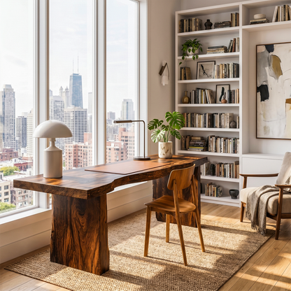 Rustic Desk With Live Edge Top And Sculptural Tree Stump Base For Home Office