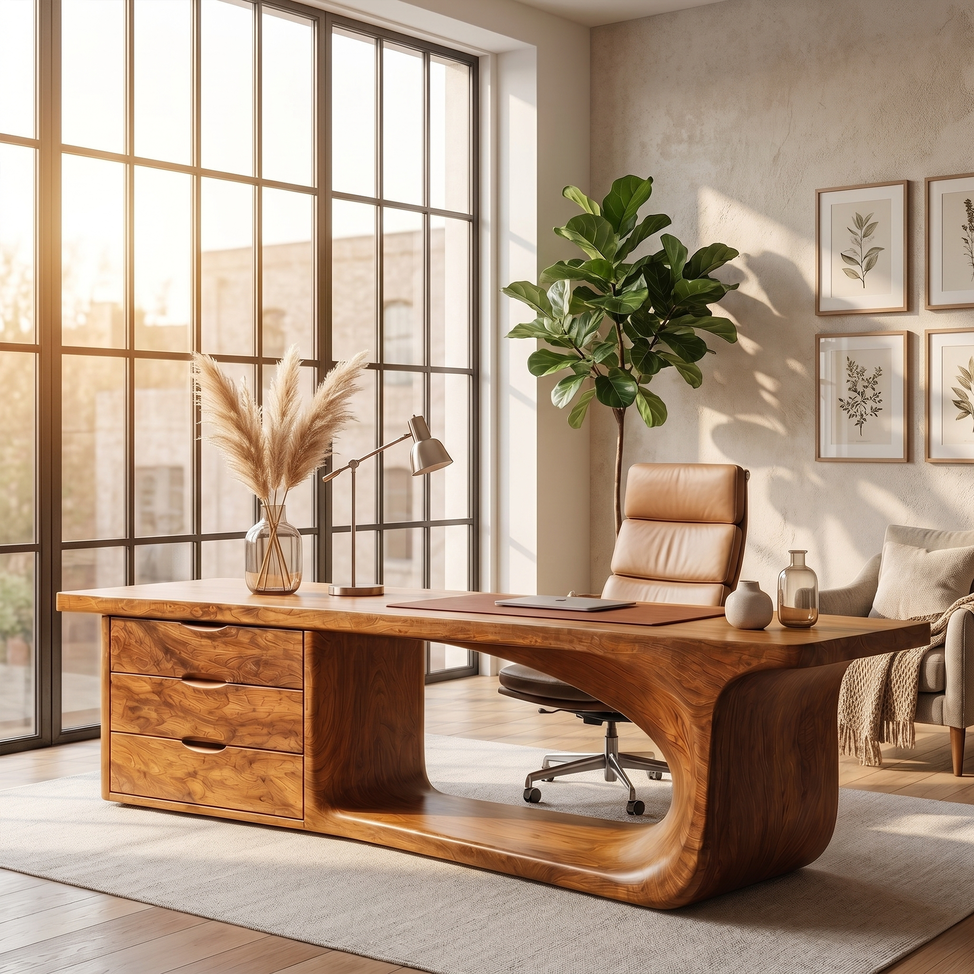 Rustic Executive Desk With Sculptural Solid Wood Base And Integrated Storage For Home Office