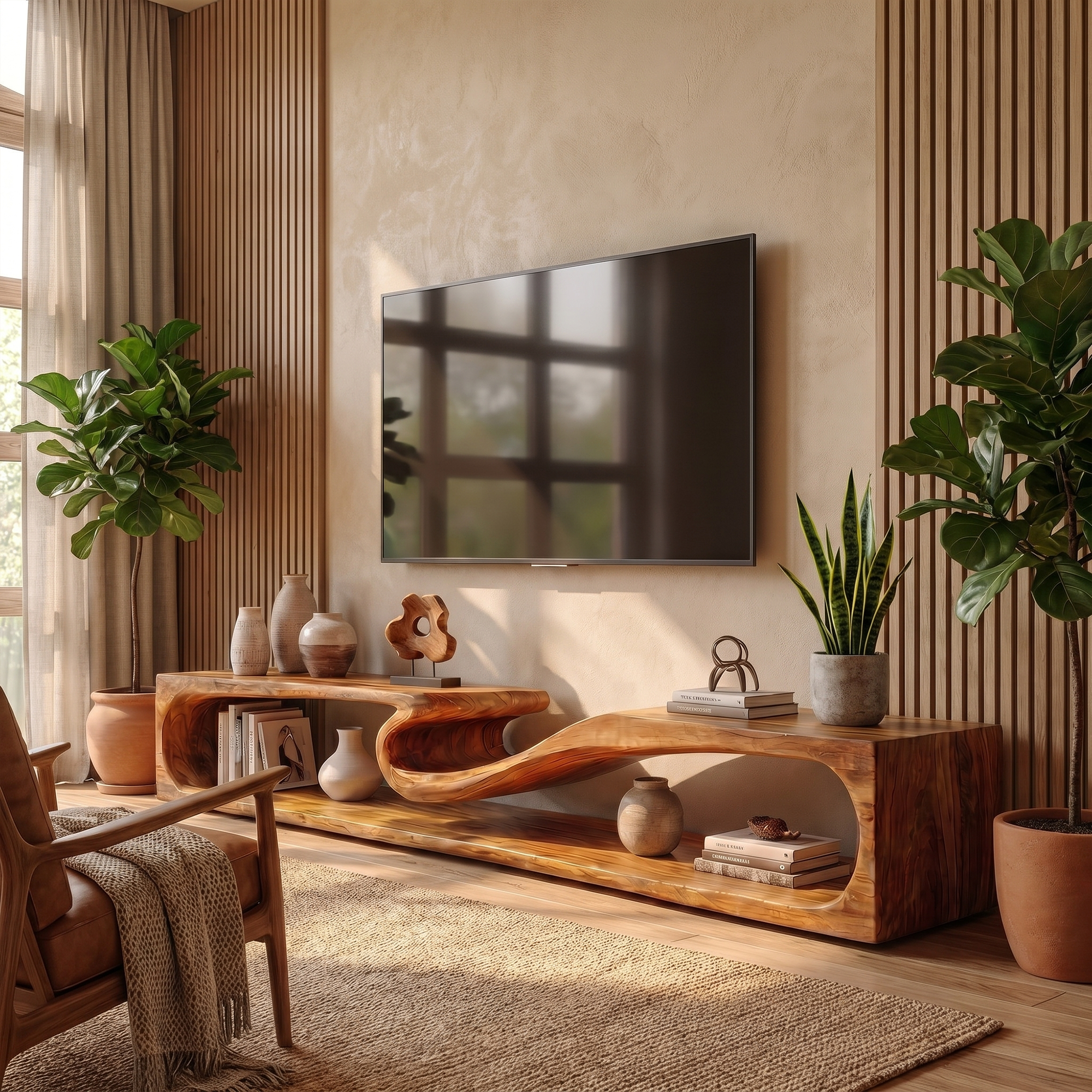 Minimalist TV Cabinet With Rounded Edge Wood Frame And Open Storage Design For Living Room