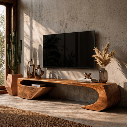 Japandi TV Cabinet With Sculptural Curved Wood Base And Solid Wood Media Console For Living Room