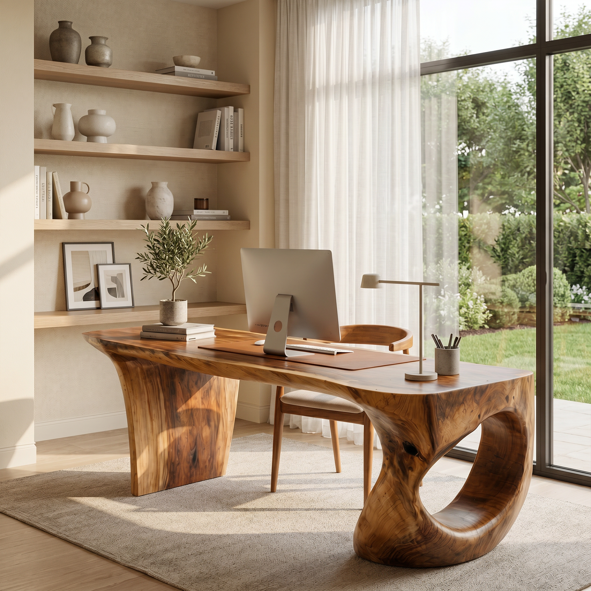 Contemporary Desk With Sculptural Loop Wood Base And Solid Wood Top For Home Office And Workspace