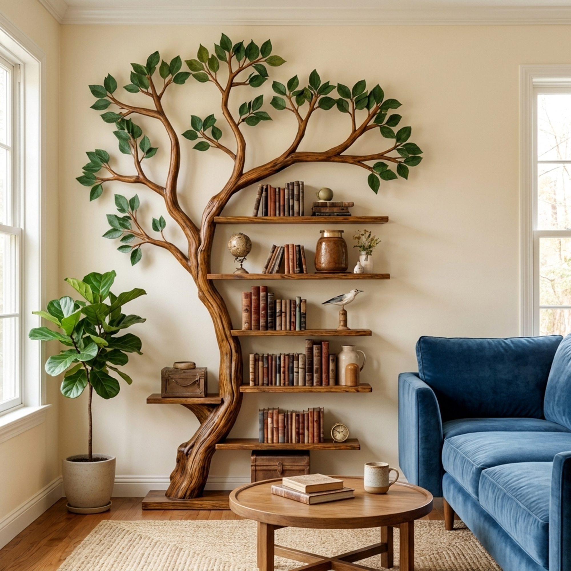 Rustic Tree Bookshelf Living Room Office Artistic Wall Display