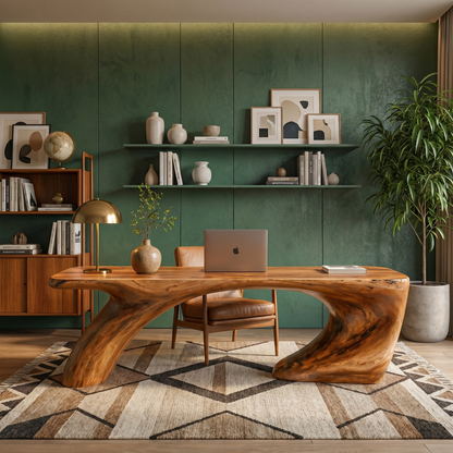 Modern Organic Desk With Sculptural Curved Wood Base And Solid Wood Top For Home Office And Workspace