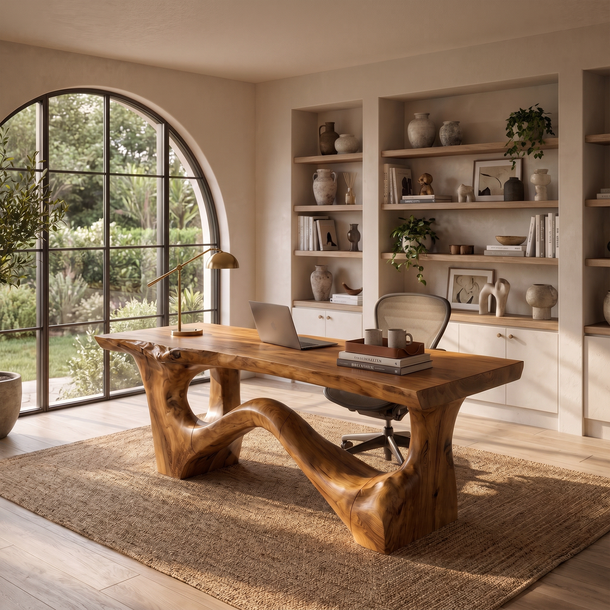 Organic Sculptural Desk With Asymmetrical Wood Base And Solid Wood Top For Home Office And Workspace