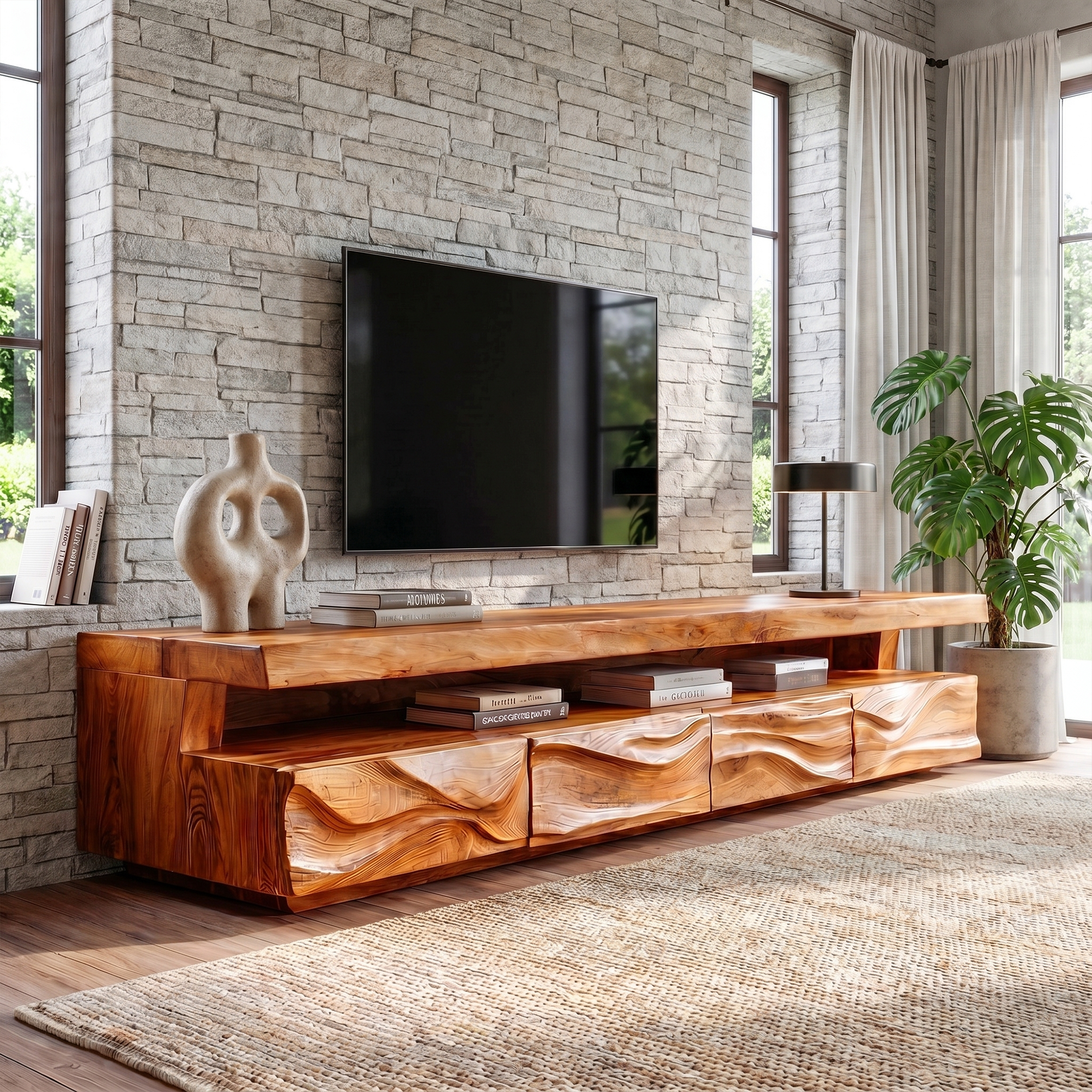 Modern TV Stand With Hand Carved Solid Wood Front And Media Storage For Living Room