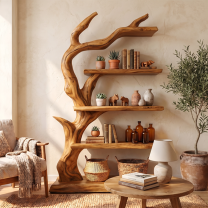 Rustic Tree Bookshelf With Handcrafted Branch Design And Open Display Shelves For Living Room
