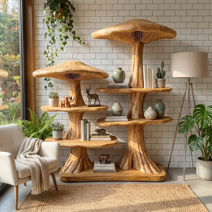 Mushroom Tree Bookshelf With Handcrafted Solid Wood Structure For Reading Corner