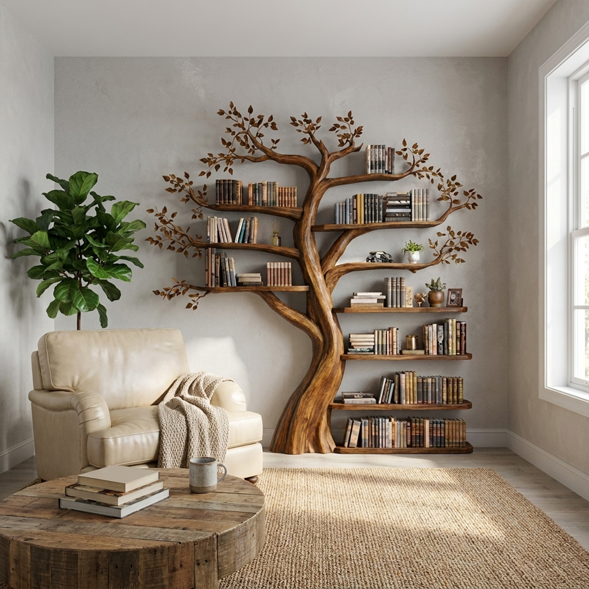 Organic Tree Bookshelf Living Room Interior Sculptural Wall Display