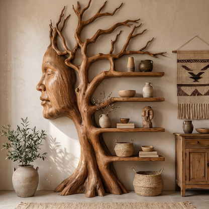 Fantasy Tree Bookshelf With Sculptural Face Design And Integrated Branch Shelves For Living Room
