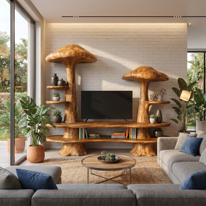 Rustic Mushroom TV Cabinet With Open Display Storage And Media Console For Living Room