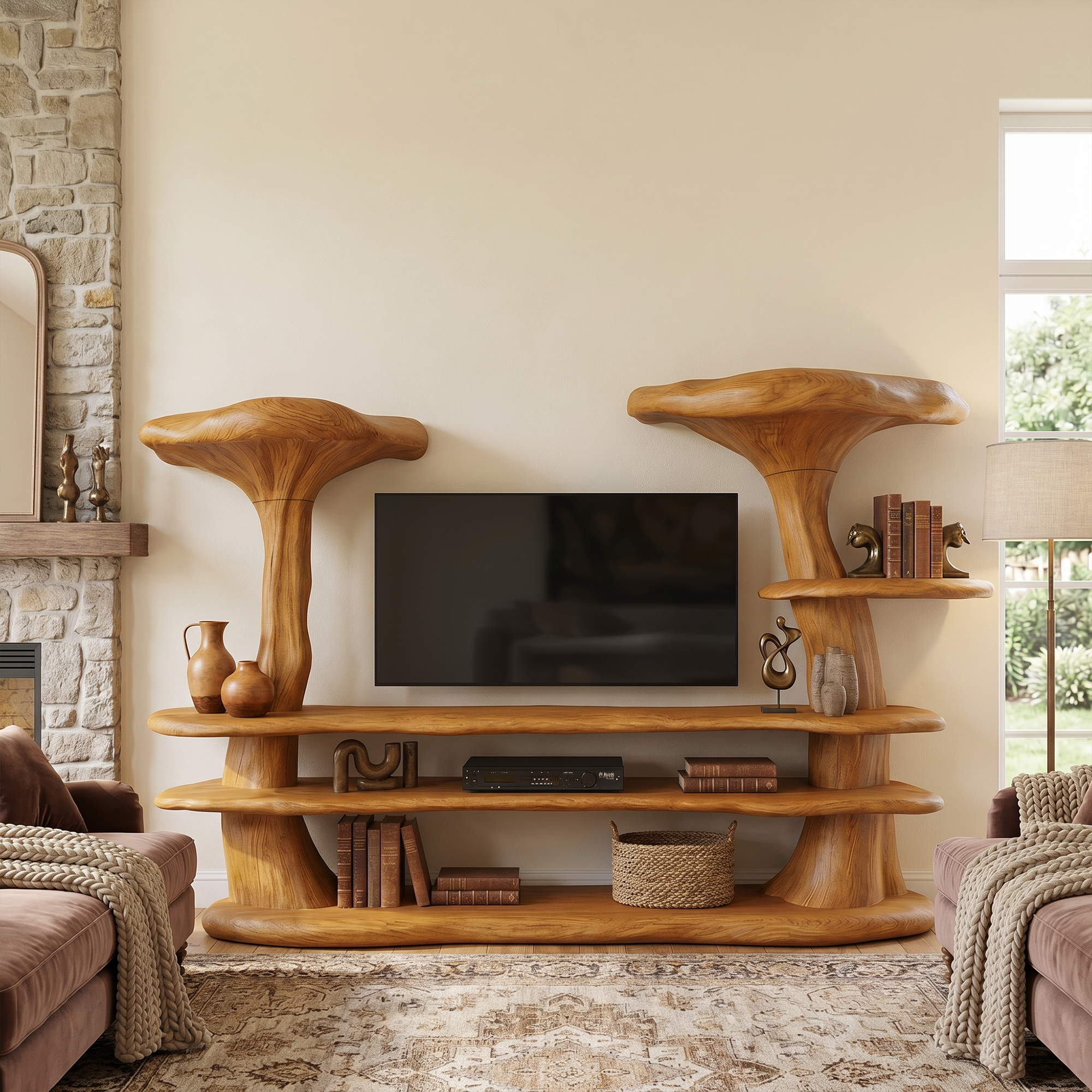 Organic Mushroom TV Stand With Sculptural Solid Wood Design For Living Room