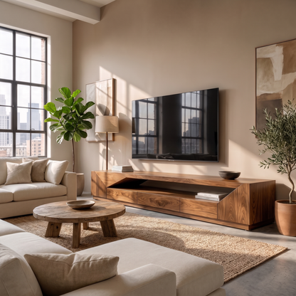 Minimal TV Console With Natural Wood Grain Design For Living Room