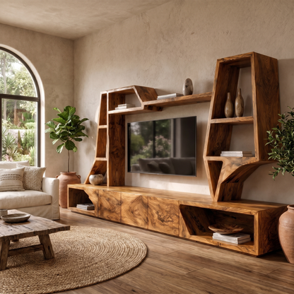 Organic TV Cabinet With Sculptural Branch Shelving And Wall Mounted Storage For Living Room
