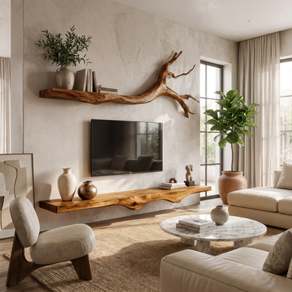 Set 2 Pieces Rustic Floating Wall TV Console Solid Wood Bedroom Living