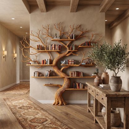 Rustic Tree Wall Bookshelf Bedroom Lounge