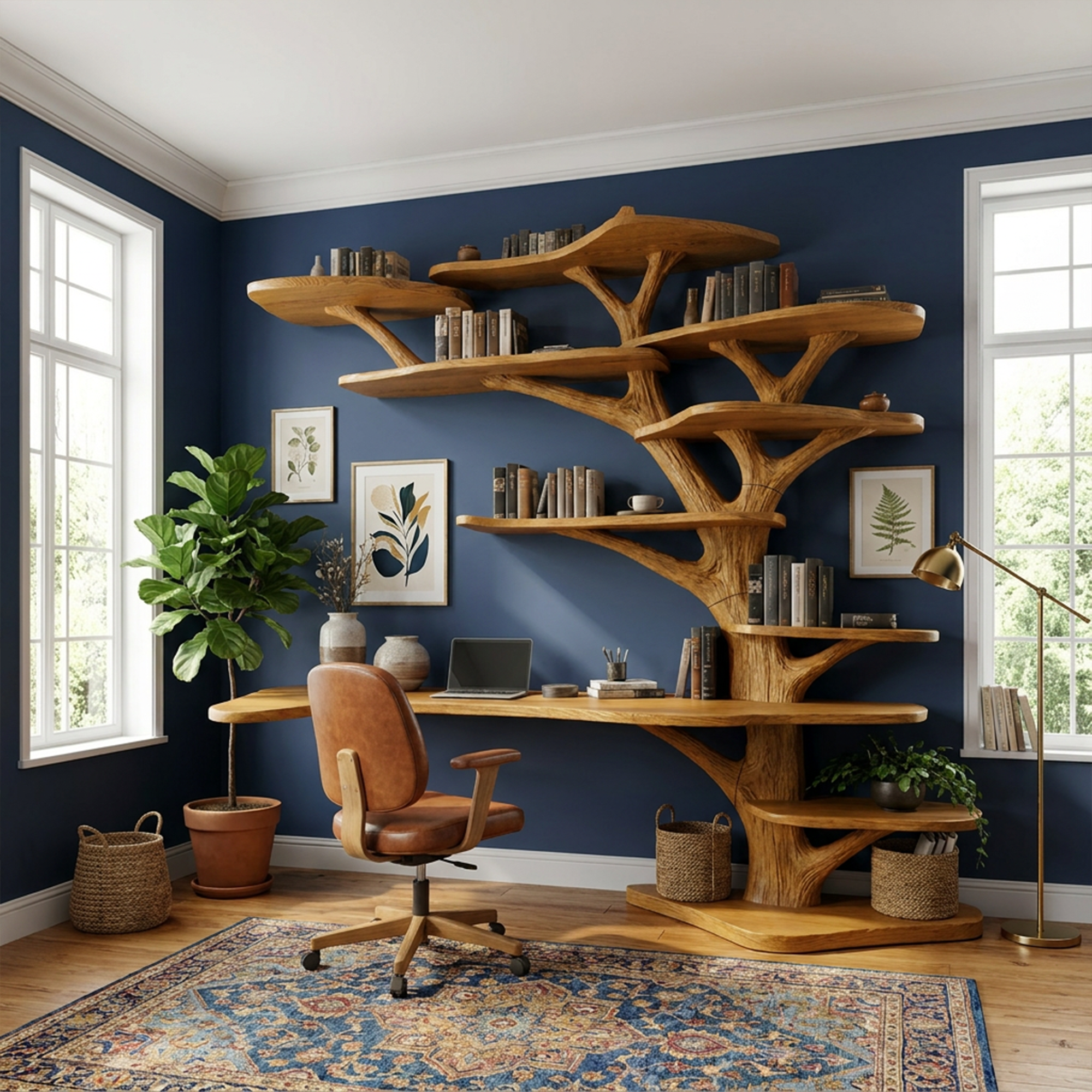 Rustic Tree Bookshelf Desk Home Office Or Study Room