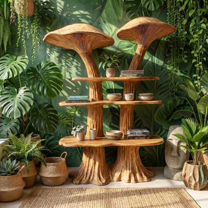 Rustic Mushroom Bookshelf With Handcrafted Solid Wood Shelves For Living Room