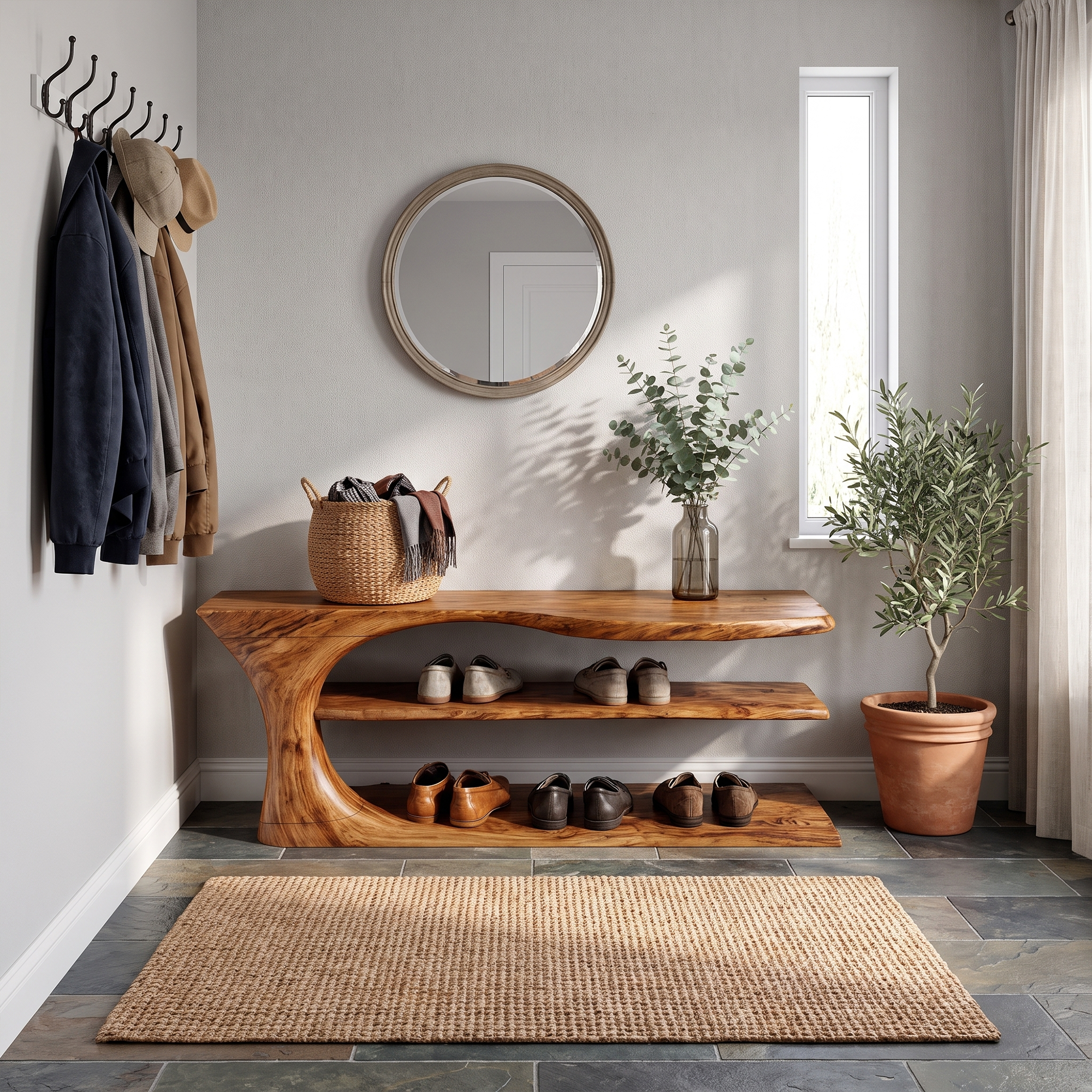 Mid Century Handcrafted Wooden Shoe Storage Bench Home