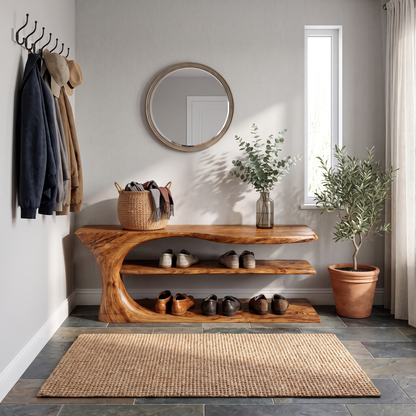 Mid Century Handcrafted Wooden Shoe Storage Bench Home