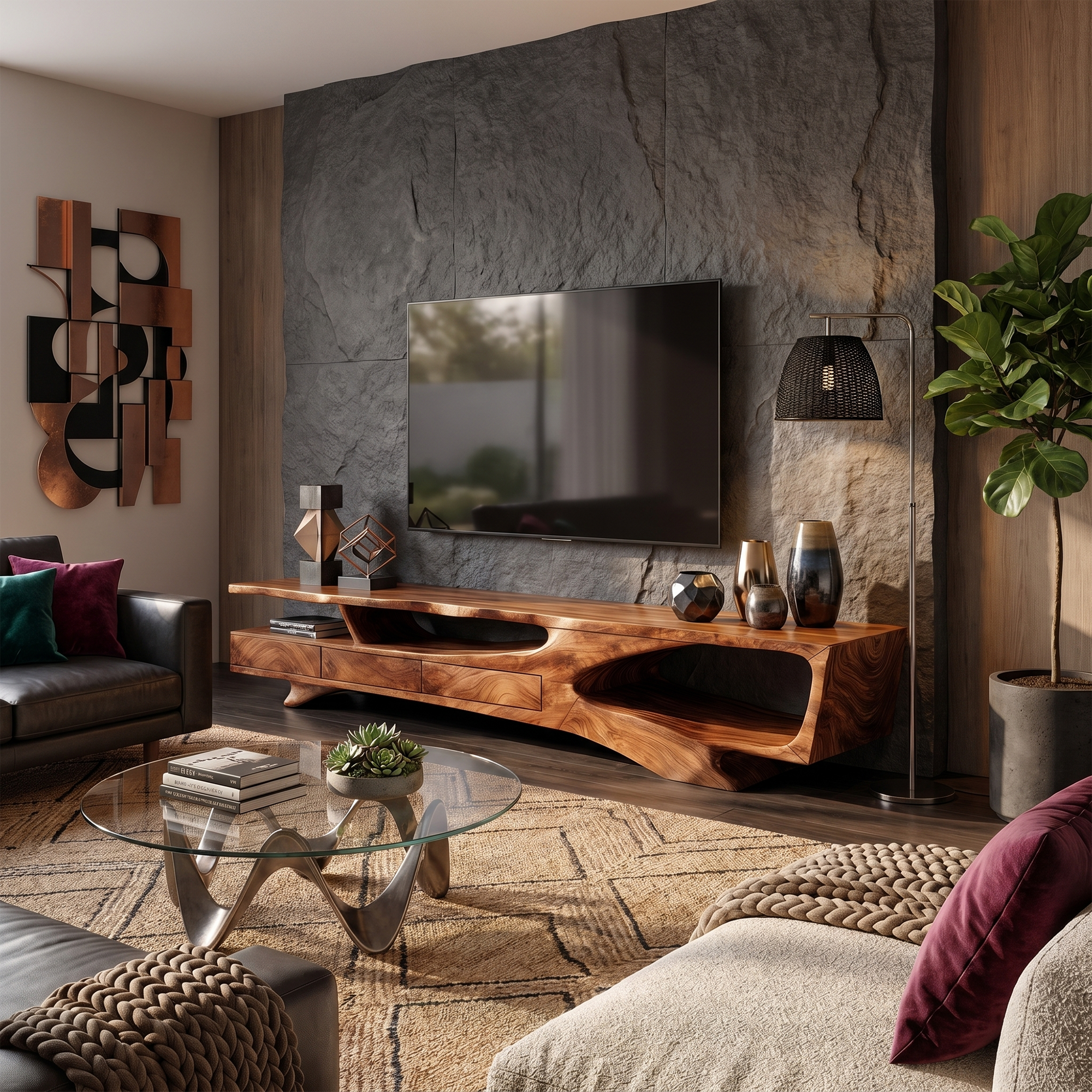 Rustic Organic TV Cabinet With Sculptural Solid Wood Base For Living Room