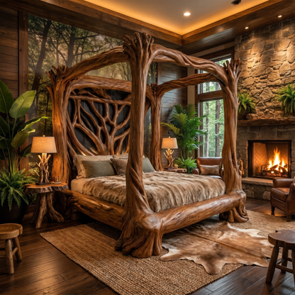 Organic Sculptural Canopy Bed With Handcrafted Tree Branch Wood Frame For Bedroom Decor