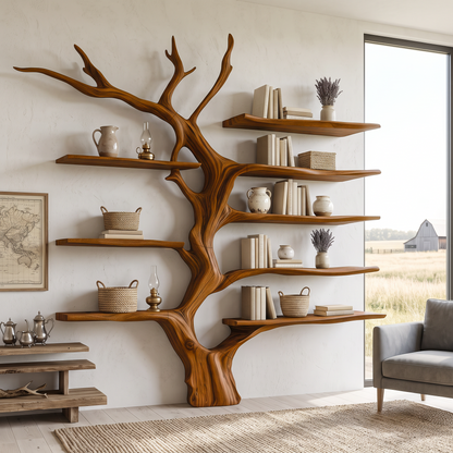 Sculptural Tree Bookcase Artistic Wooden Wall Shelf