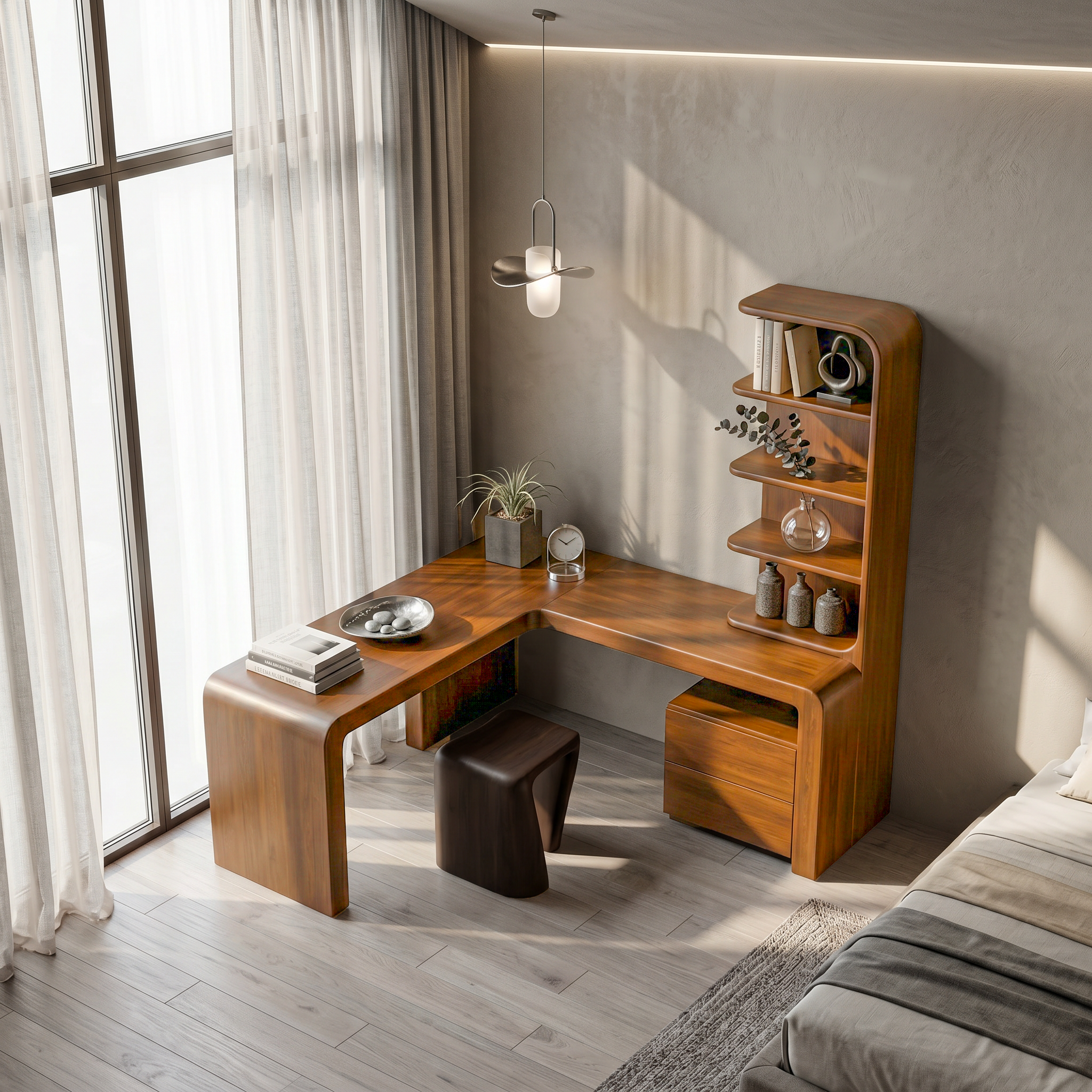 Organic Desk With Storage Shelves And Cabinet For Home Office