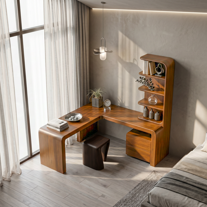 Organic Desk With Storage Shelves And Cabinet For Home Office