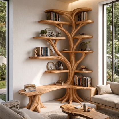 Organic Tree Bookshelf With Sculptural Branch Design And Multi Tier Display Shelves For Living Room.