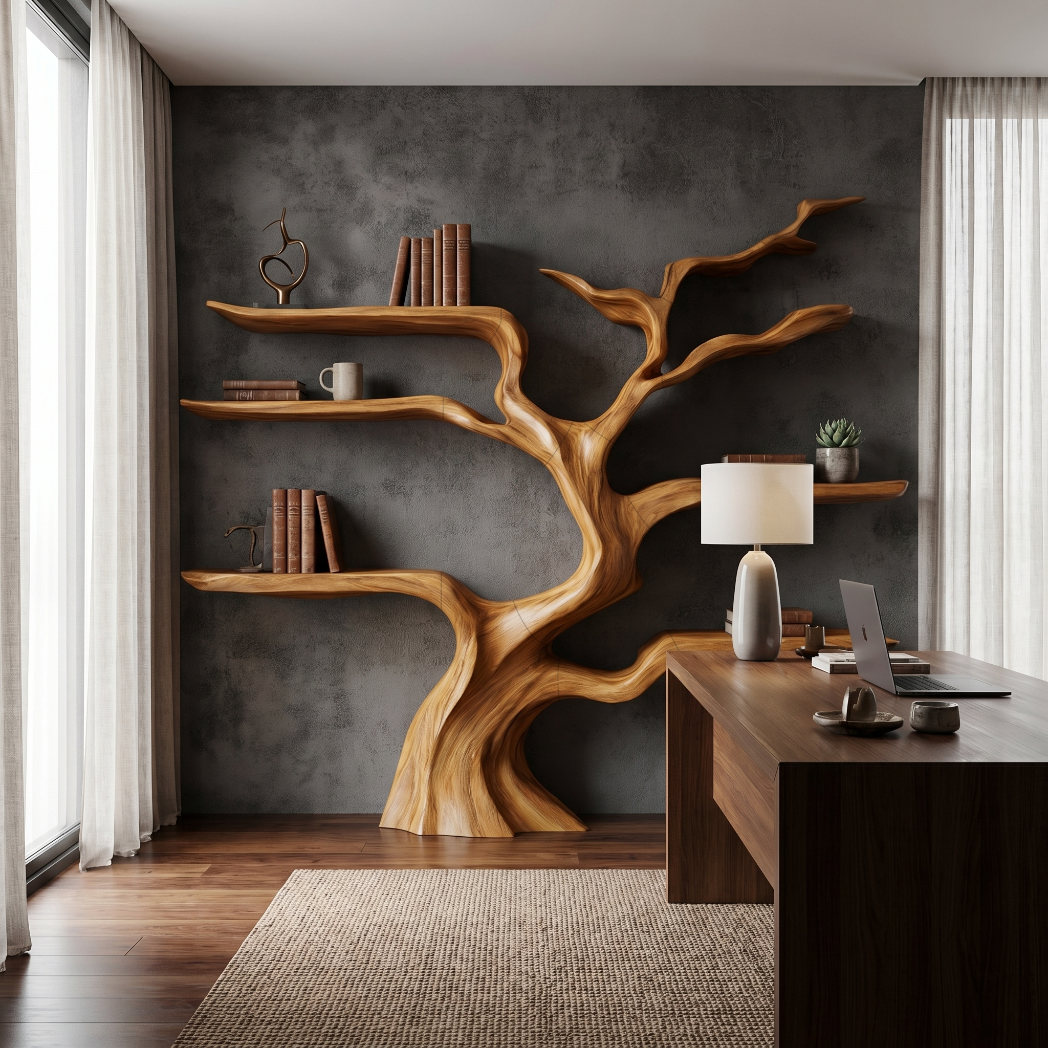 Nature Inspired Tree Bookshelf With Floating Wooden Shelves For Living Room Decor