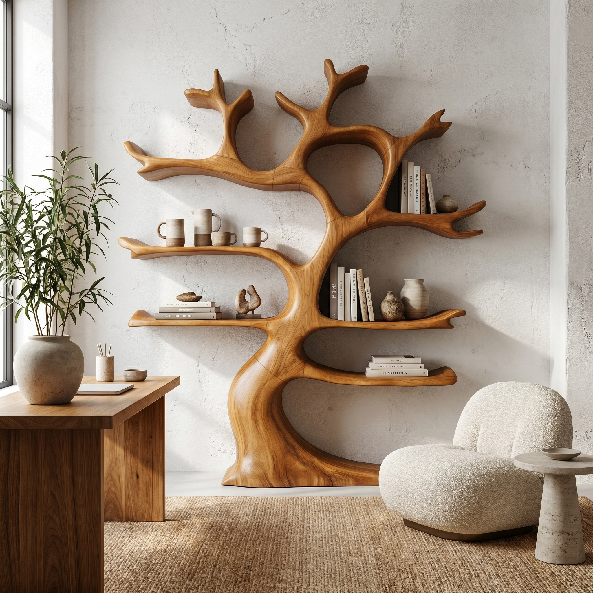 Organic Modern Tree Wall Shelf With Branch Inspired Storage For Living Room