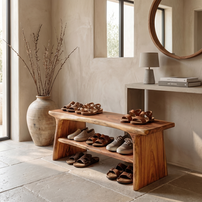 Rustic Shoe Bench With Natural Wood Storage For Entryway