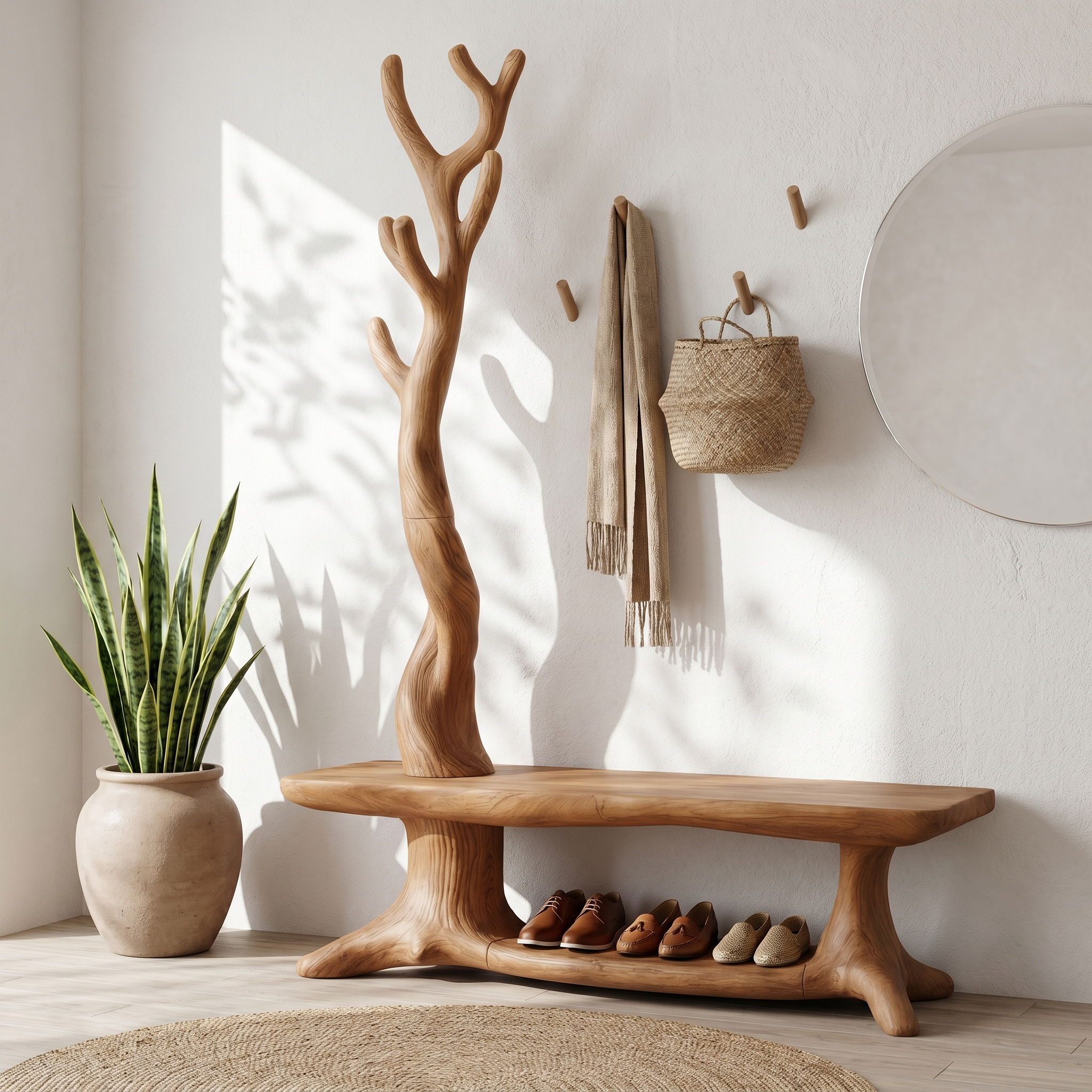 Rustic Shoe Storage Bench With Branch Coat Rack For Entryway
