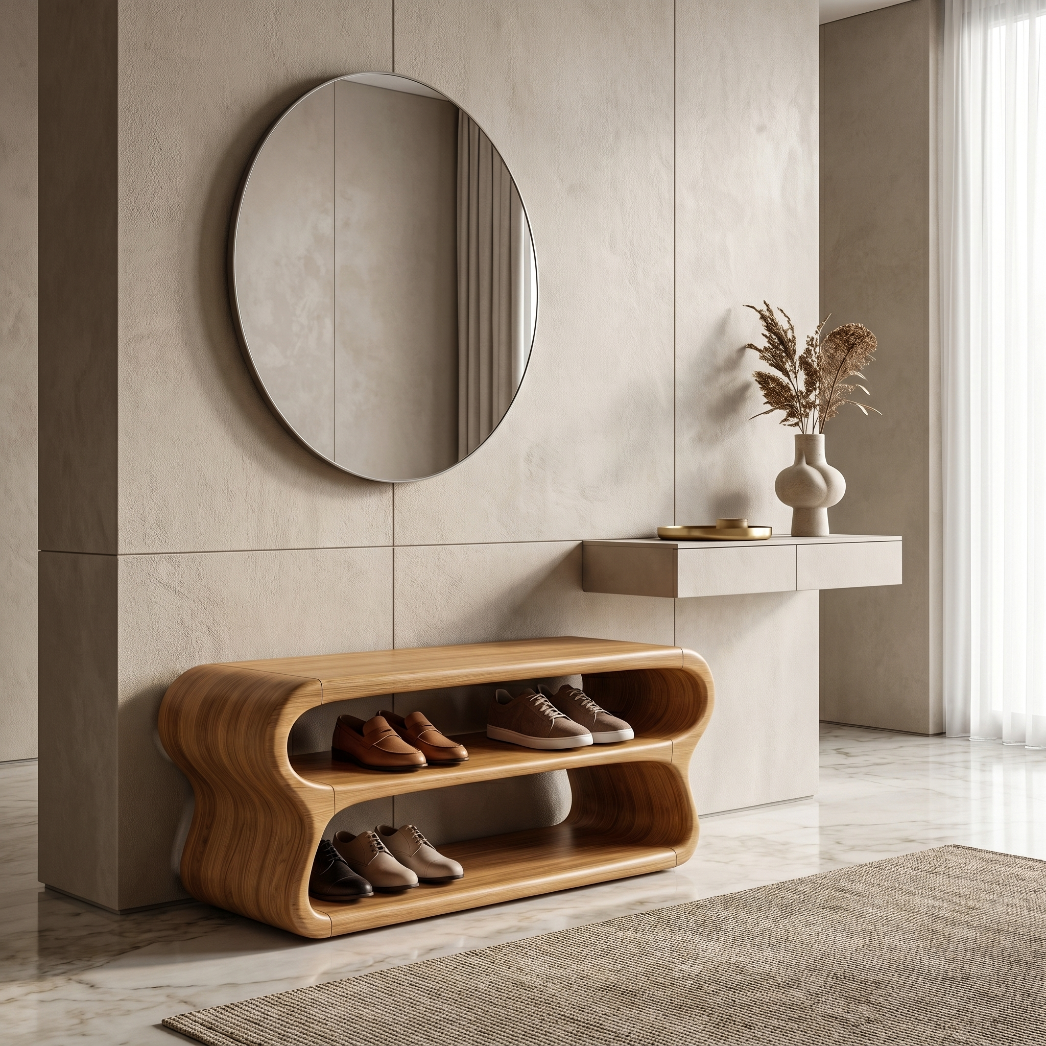 Contemporary Shoe Bench With Open Storage Compartments For Hallway