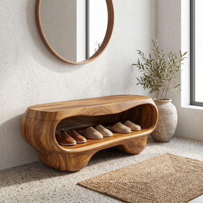 Organic Shoe Bench With Rounded Storage Shelves For Entryway
