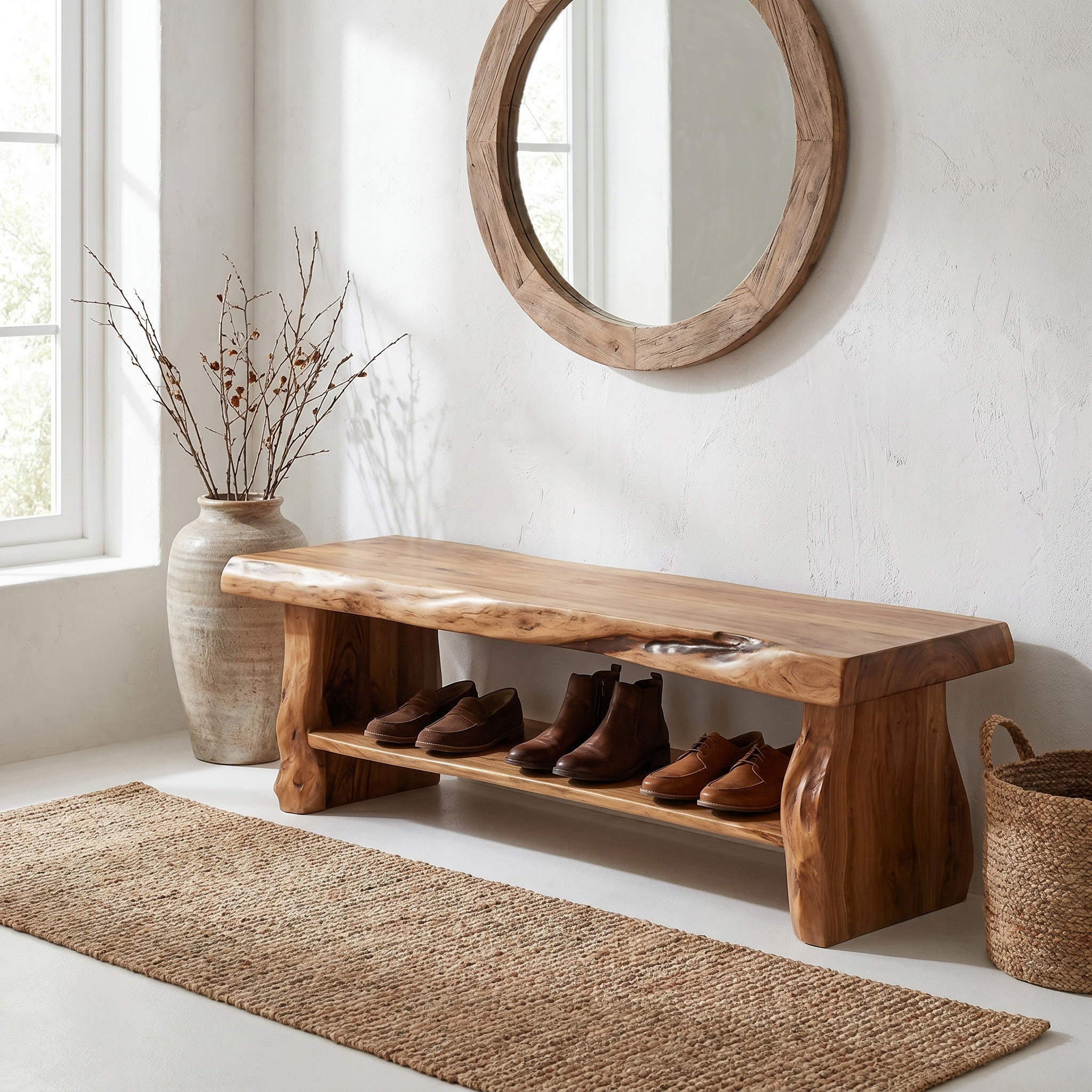 Rustic Shoe Bench Natural Wood Storage For Entryway