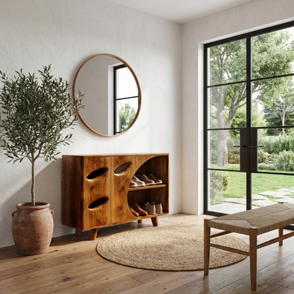 Mid Century Shoe Cabinet Organic Cutout Design For Entryway