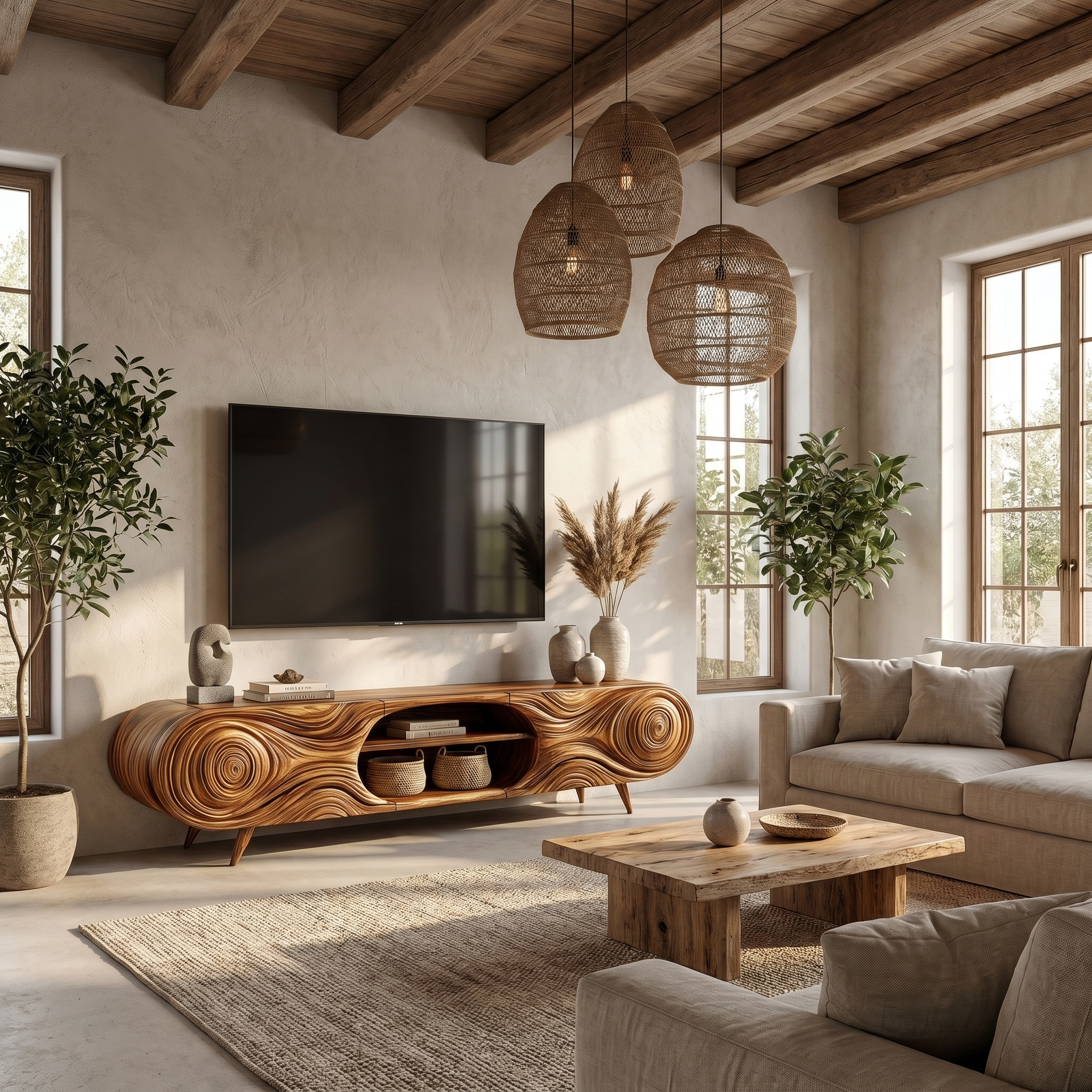 Organic Modern TV Cabinet Sculptural Wood Grain Design For Living Room
