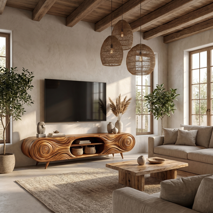 Organic Modern TV Cabinet Sculptural Wood Grain Design For Living Room