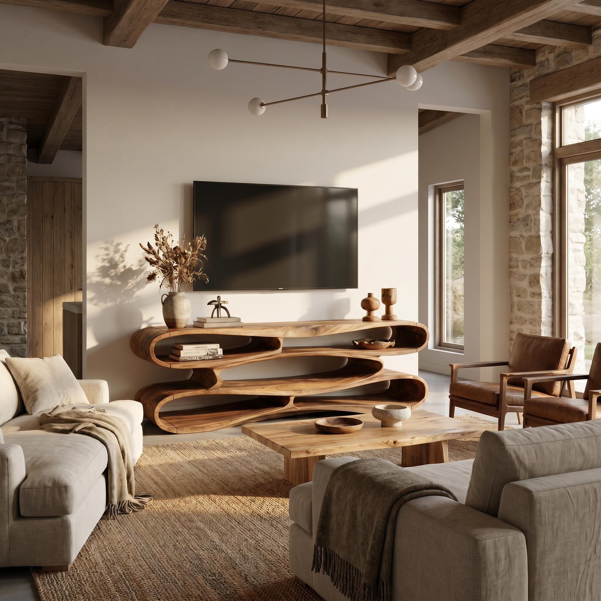 Sculptural Wood TV Cabinet Nature Inspired Entertainment Console For Living Room